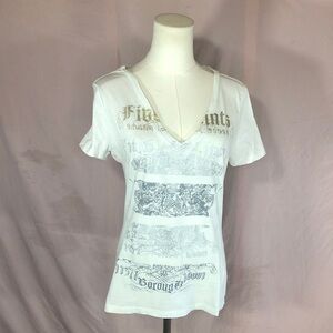 Express White V-Neck Graphic Short Sleeve Tee 100% Cotton Size Medium